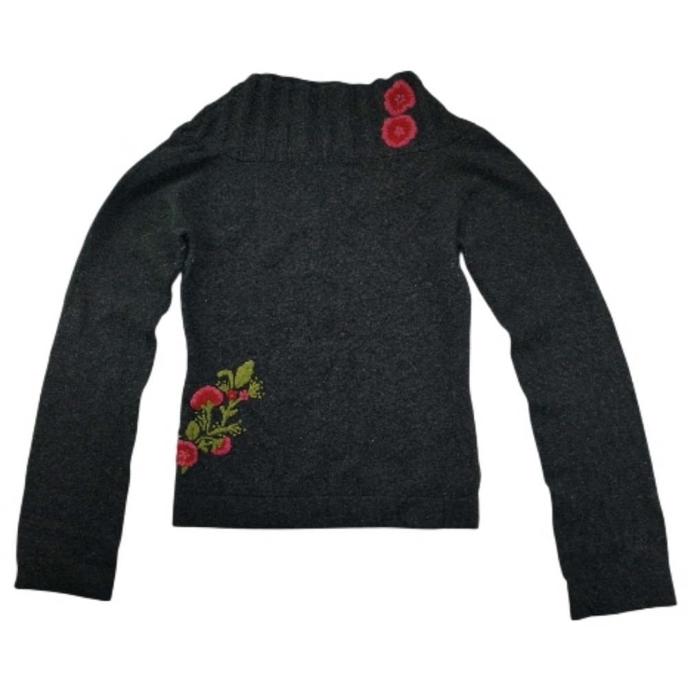 Vintage 80s Women BCIM Grey Lambswool Floral Mock Neck Sweater S Soft Knit Slim